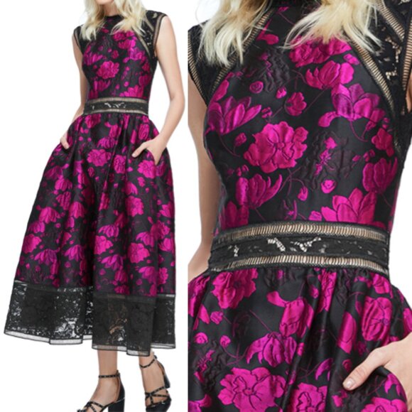 NWT TADASHI SHOJI NATALIA FLORAL TEA LENGTH MIDI DRESS Fuschia Black Size 12 - Picture 1 of 3